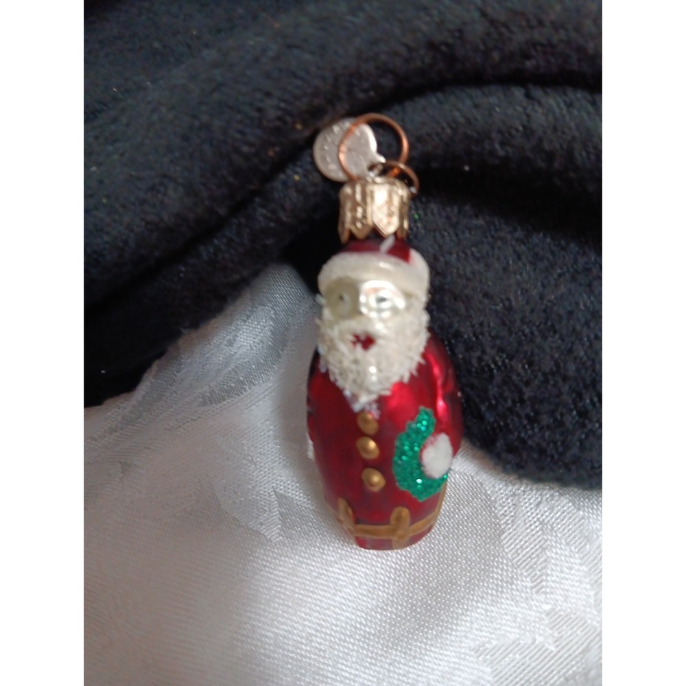Vintage Dept 56 Miniature Czech Glass Santa with Glitter Wreath 2.25"